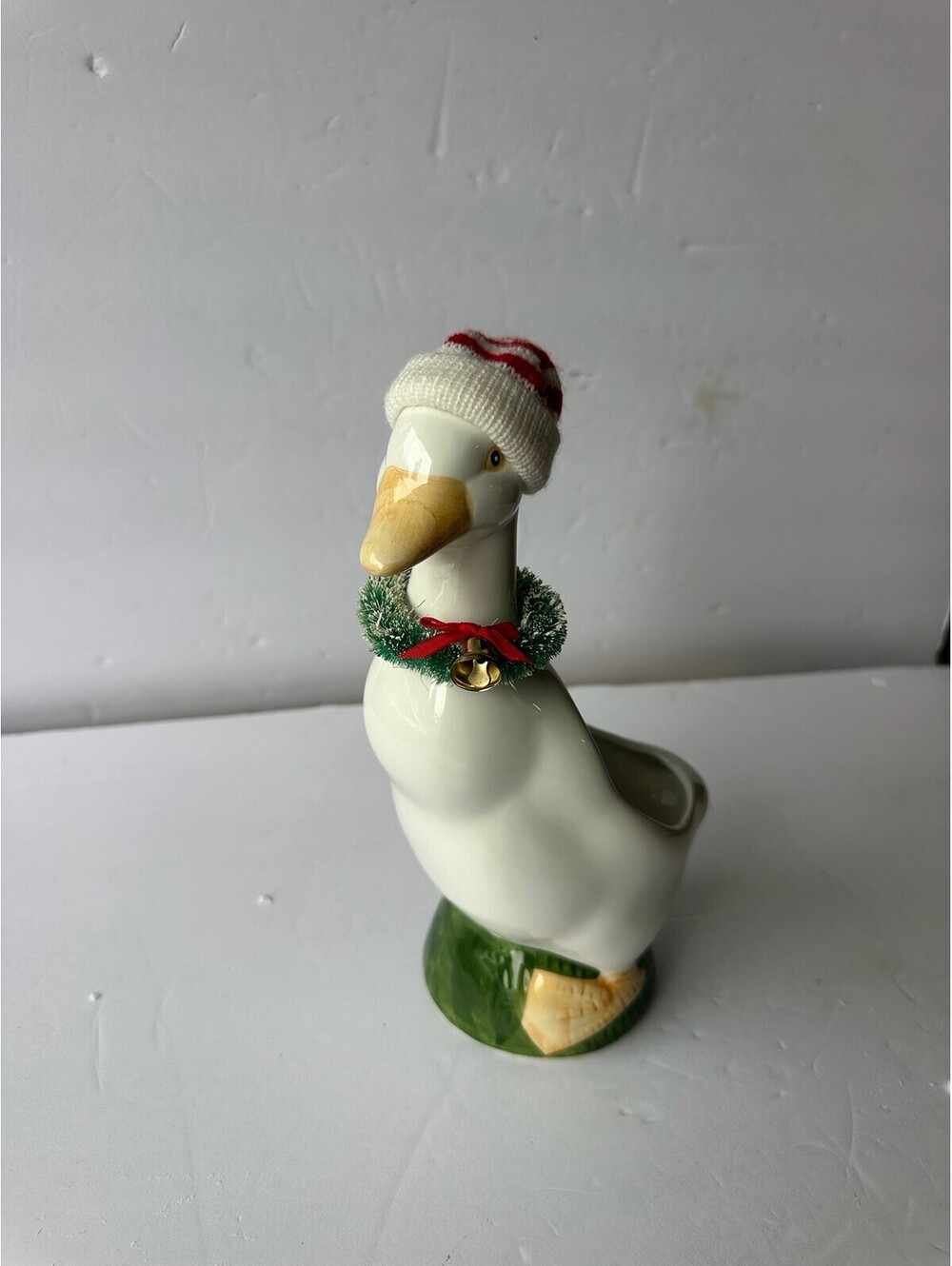 Vintage Ceramic Christmas Goose Planter Figurine with Hat & Wreath Holiday Decor